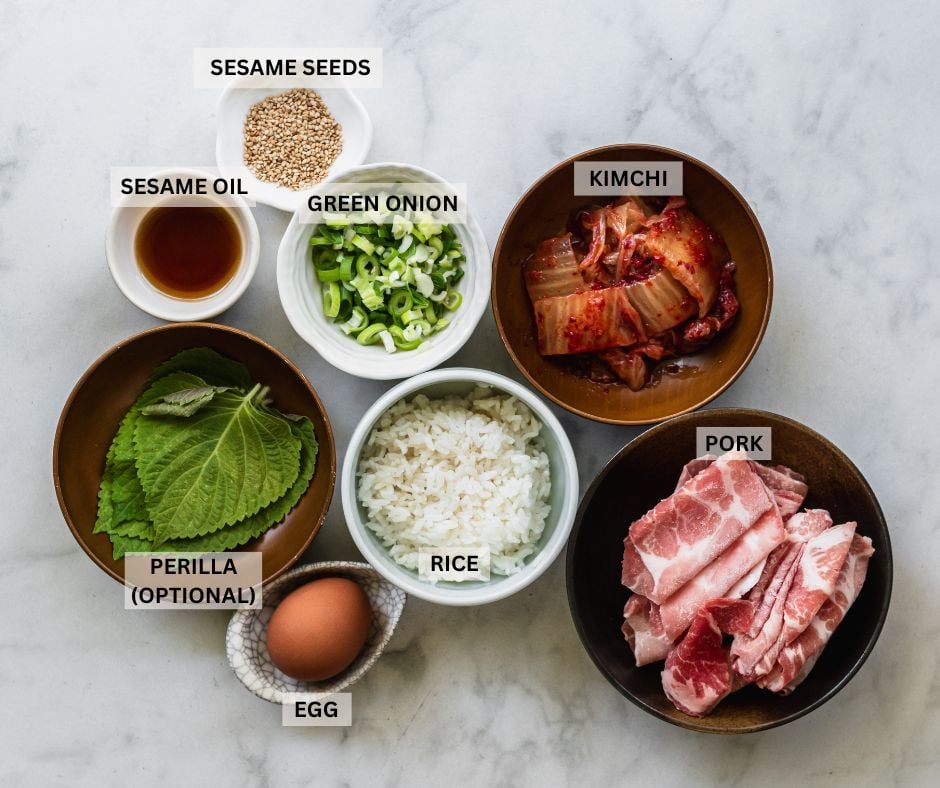 labelled ingredients for kimchi pork rice bowls
