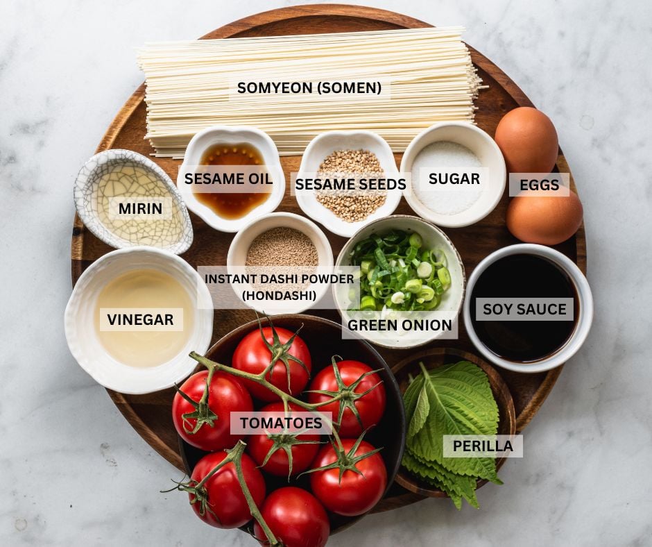 labelled ingredients for korean tomato somyeon