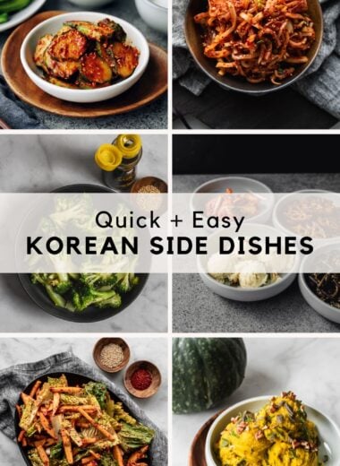 6 photos of different korean side dishes (banchan) with text overlay: quick + easy Korean side dishes