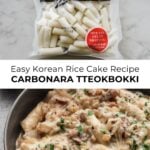 carbonara tteokbokki in dish with bag of korean rice cakes