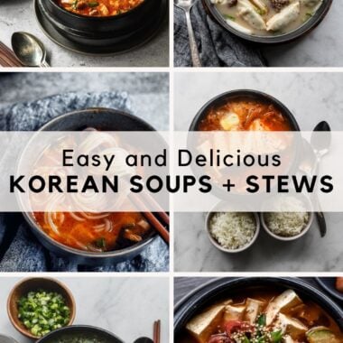 6 photos of korean soups and stews with text overlay