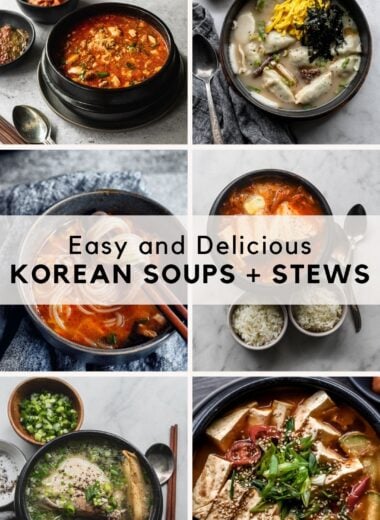 6 photos of korean soups and stews with text overlay