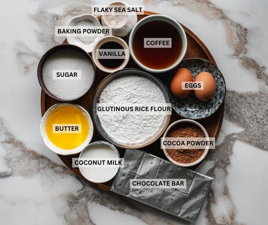 labelled ingredients for chocolate mochi brownies